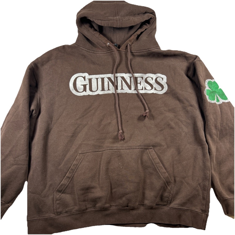 Vtg Guinness Brown Cotton Blend Fleece Shamrock Crop Pullover Hoodie Men's L